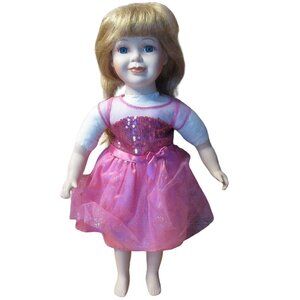 Vintage 17" Porcelain / Soft Body Doll Pink Dress